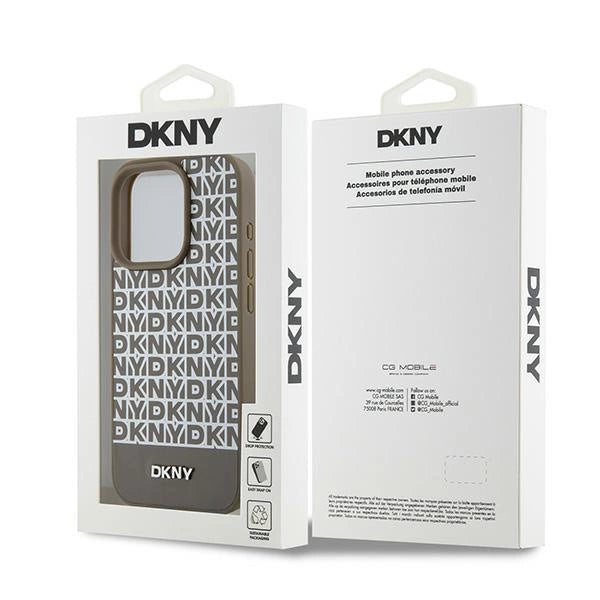 DKNY Leather Printed Pattern Metal Logo MagSafe Case for iPhone 15 Pro Max - Brown