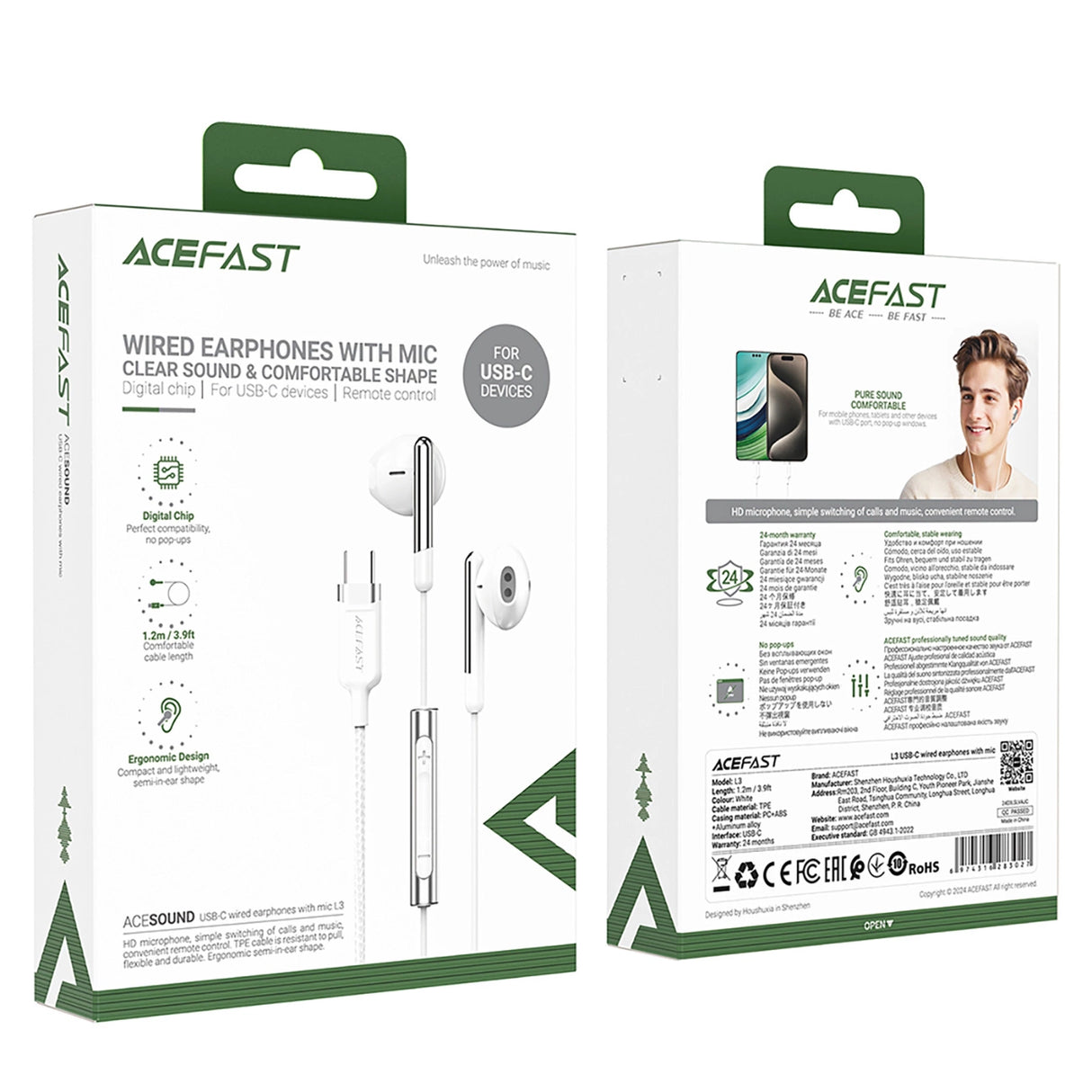 Acefast L3 Wired USB-C hovedtelefoner med mikrofon - hvid