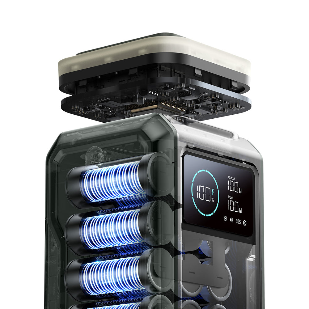 Powerbank Joyroom JR-PBF10 75000mAh 100W 3x USB-C 3x USB-A med foldelig lommelygte og håndtag - grønt