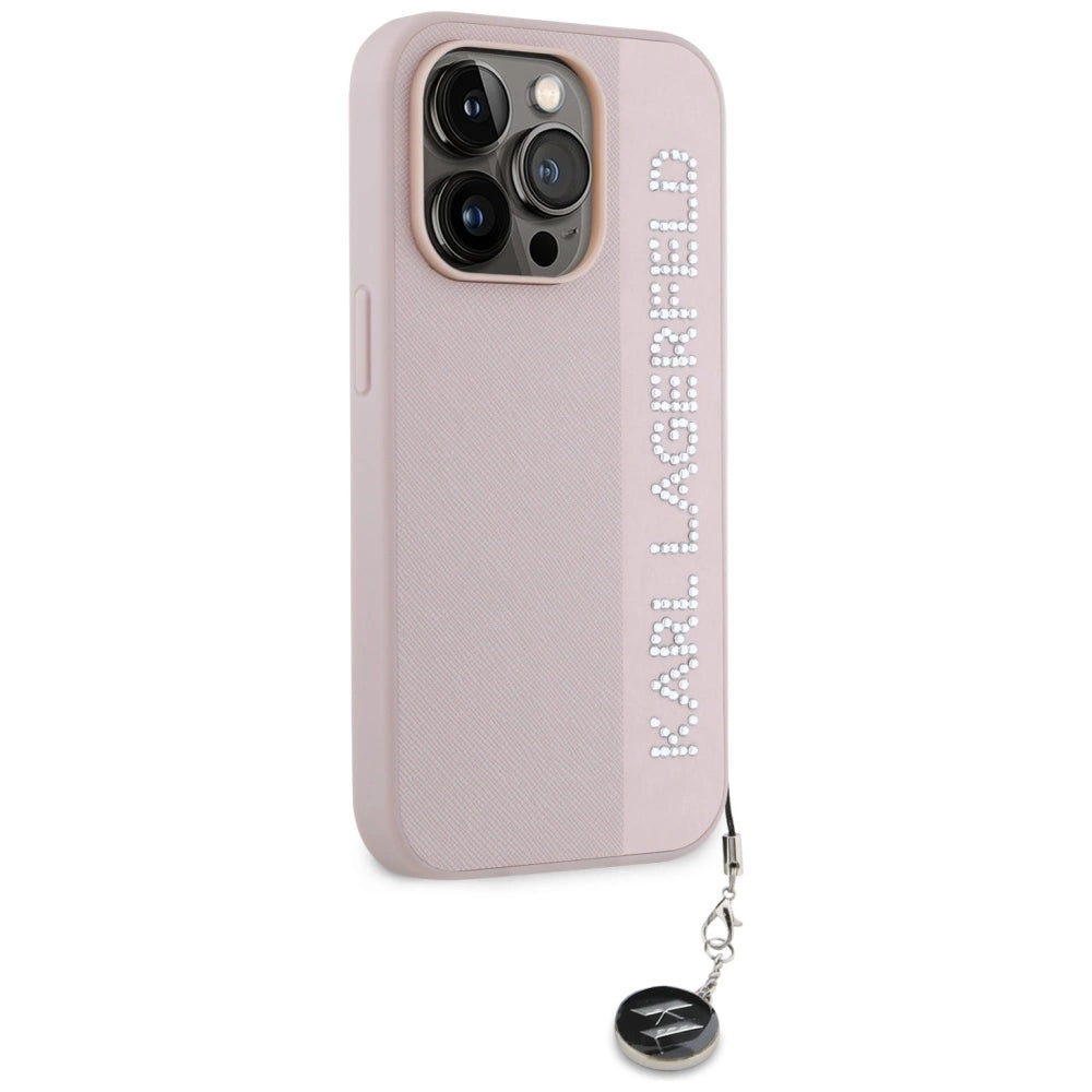 Karl Lagerfeld Saffiano Rhinestones & Charm case for iPhone 15 Pro - pink