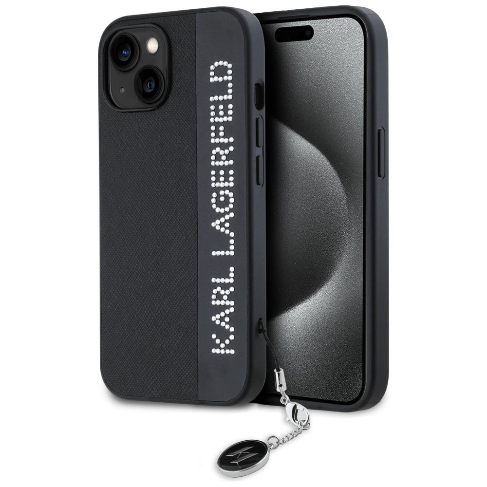 Karl Lagerfeld Saffiano Rhinestones & Charm case for iPhone 15 / 14 / 13 - black
