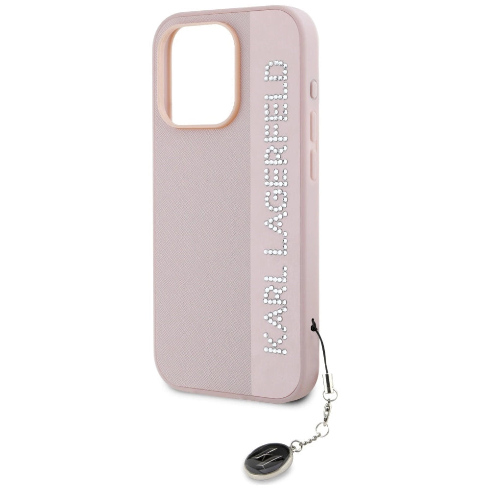 Karl Lagerfeld Saffiano Rhinestones & Charm case for iPhone 15 Pro Max - pink