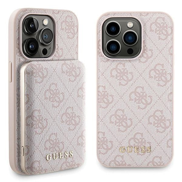 Guess 4G Metal Logo-kasset til iPhone 15 Pro + 5000mAh MagSafe powerbank - pink