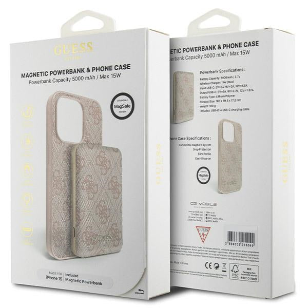 Guess 4G Metal Logo-kasset til iPhone 15 + 5000mAh MagSafe powerbank - pink