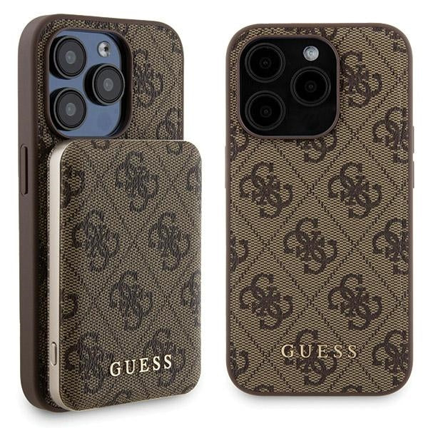 Guess 4G Metal Logo-kasset til iPhone 15 Pro Max + 5000mAh MagSafe powerbank - brun