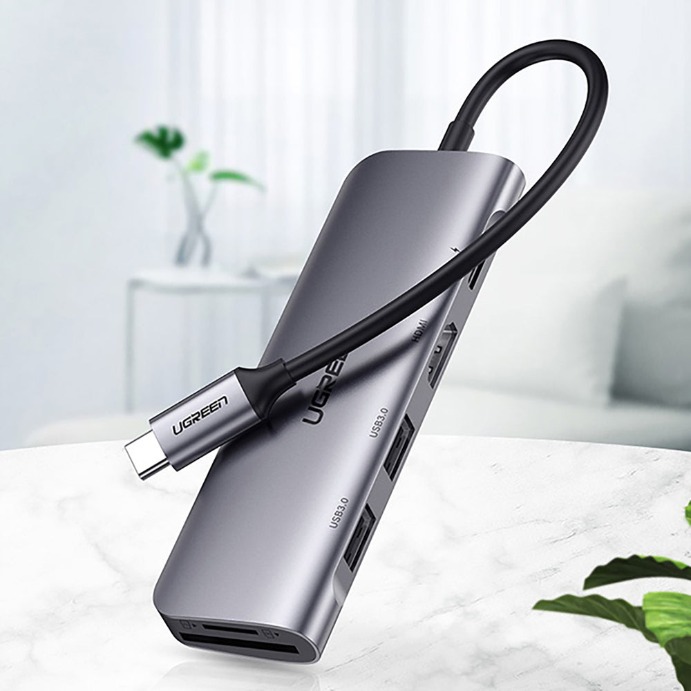 Ugreen CM195 6in1 adapter USB-C - HDMI / 2x USB-A 3.0 / USB-C PD / SD / TF-læser - grå