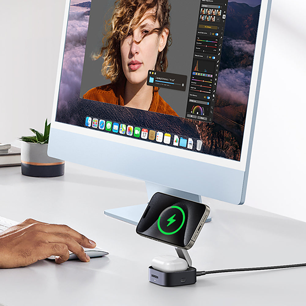 Ugreen W702 3in1 induktiv oplader med MagSafe / Qi2 og USB-C-port til telefon / hovedtelefoner - sort