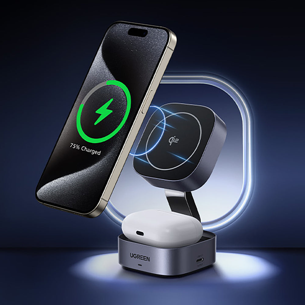 Ugreen W702 3in1 induktiv oplader med MagSafe / Qi2 og USB-C-port til telefon / hovedtelefoner - sort