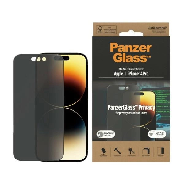 PanzerGlass Ultra-Wide Fit tempereret glas antibakterielt privatliv med Positioner til iPhone 14 Pro
