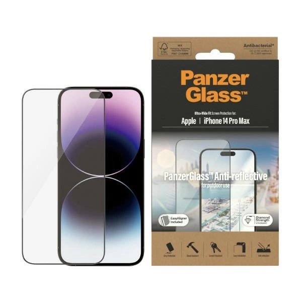 PanzerGlass Ultra-Wide Fit antibakterielt hærdet glas med blændingsfilter og positioner til iPhone 14 Pro Max