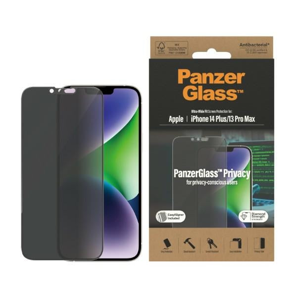 PanzerGlass Ultra-Wide Fit tempereret glas antibakterielt privatliv med Positioner til iPhone 14 Plus / 13 Pro Max