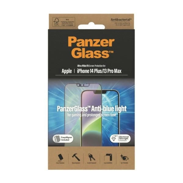 PanzerGlass Ultra-Wide Fit antibakterielt tempereret glas med blå lysfilter og positioner til iPhone 14 Plus / 13 Pro Max