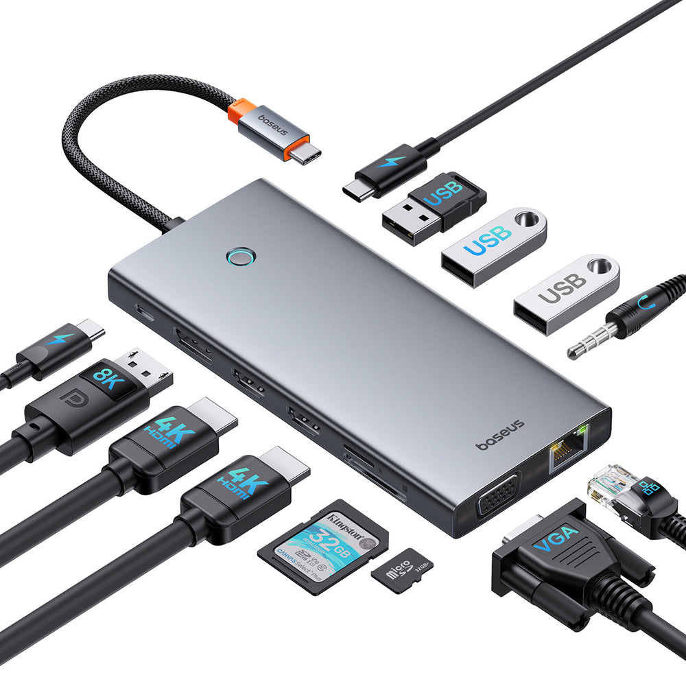 HUB Baseus PortalJoy Series 13in1 USB-C - 2x HDMI / DP / VGA / USB-A 3.1 / USB-C 3.1 / USB-A 2.0 / PD / RJ45 / SD / TF / AUX - gray