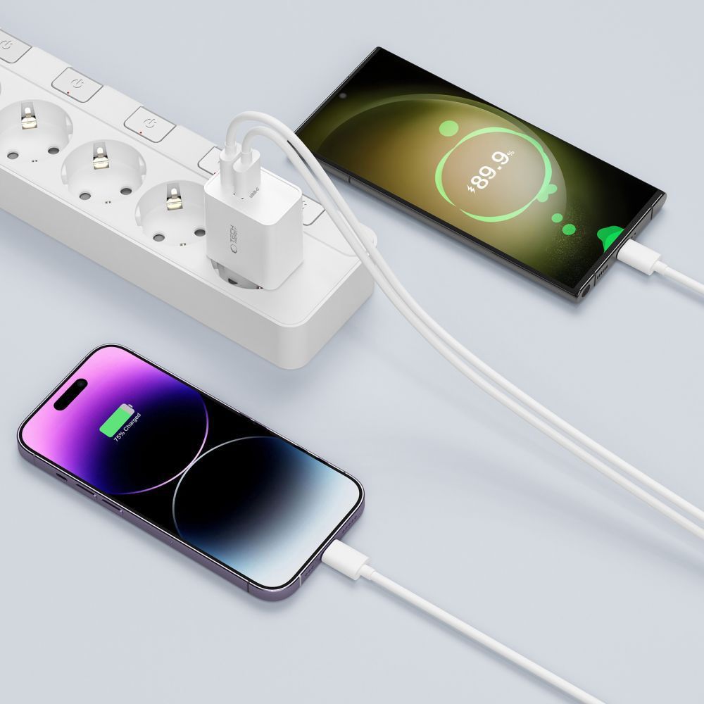 Tech Protect C35 W 2 Port Netværksopladder Pd 35 W + Lightning Kabel Hvid