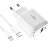 Tech-Protect C20W USB-C PD 20W / USB-A QC 3.0 oplader med USB-C / Lightning Cable - hvid