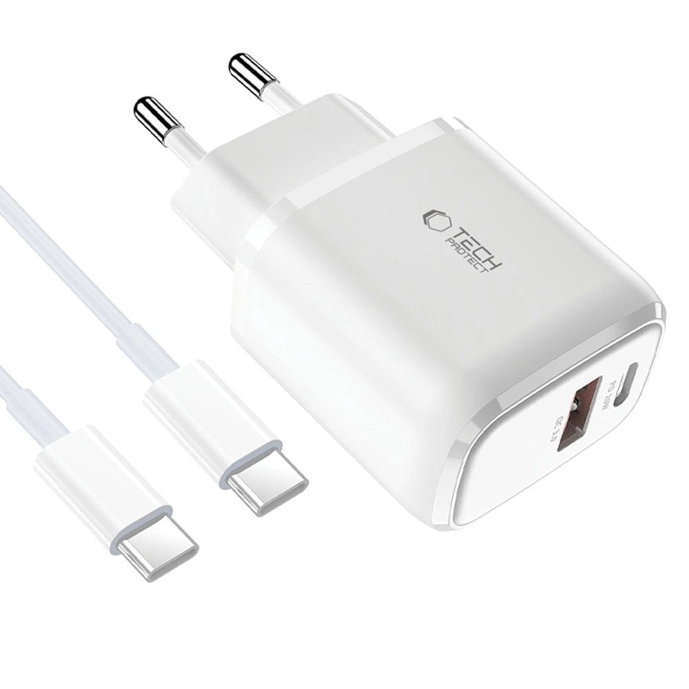Tech-Protect C20W USB-C PD 20W / USB-A QC 3.0 oplader med USB-C / USB-C kabel - hvid