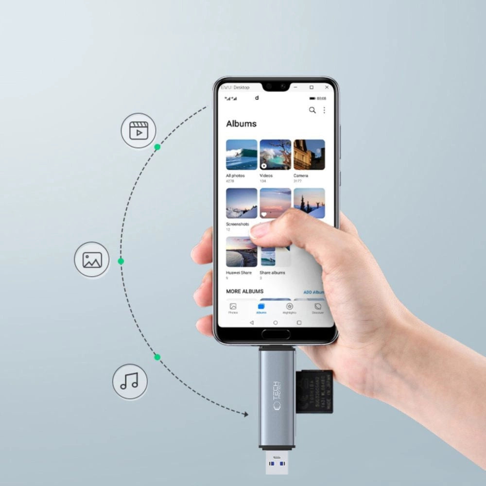 Tech-Protect UltraBoost SD/micro SD-kortlæser med USB-C/USB-A-kontakter - grå