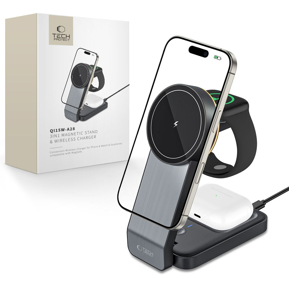 Tech-Protect QI15W-A28 MagSafe 3in1 induktiv oplader med Smartphone / Apple Watch / AirPods Stand - sort