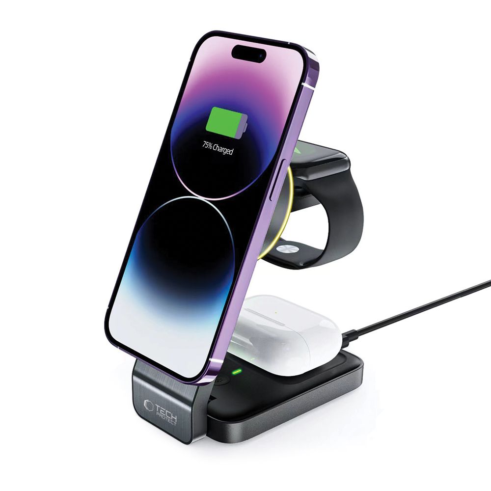 Tech-Protect QI15W-A28 MagSafe 3in1 induktiv oplader med Smartphone / Apple Watch / AirPods Stand - sort
