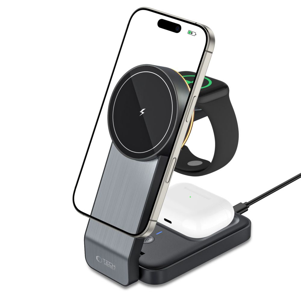 Tech-Protect QI15W-A28 MagSafe 3in1 induktiv oplader med Smartphone / Apple Watch / AirPods Stand - sort