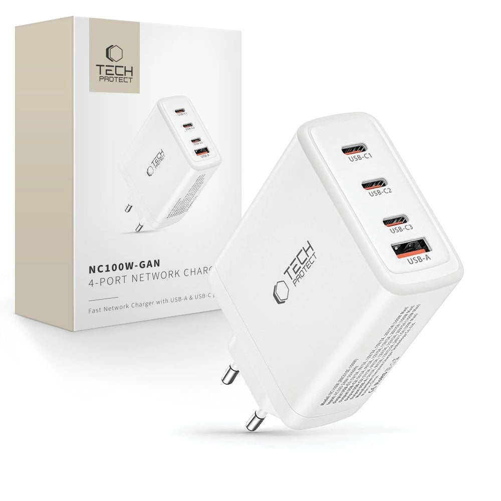 Tech-Protect NC100W-GAN charger GaN 3x USB-C PD 100W / USB-A QC 3.0 - white