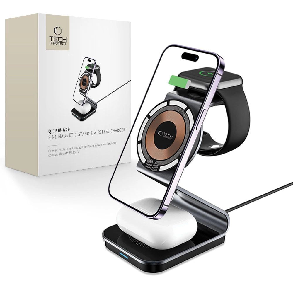 Tech-Protect QI15W-A29 3-i-1-induktiv oplader med MagSafe til smartphone / Apple Watch / AirPods - sort