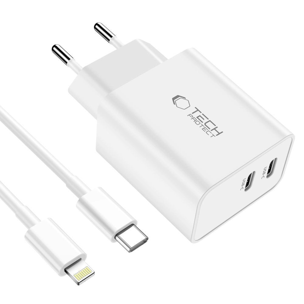 Tech-Protect C35W 2x USB-C PD 35W Wall Charger med USB-C / Lightning Cable - hvid