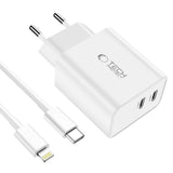 Tech-Protect C35W 2x USB-C PD 35W Wall Charger med USB-C / Lightning Cable - hvid