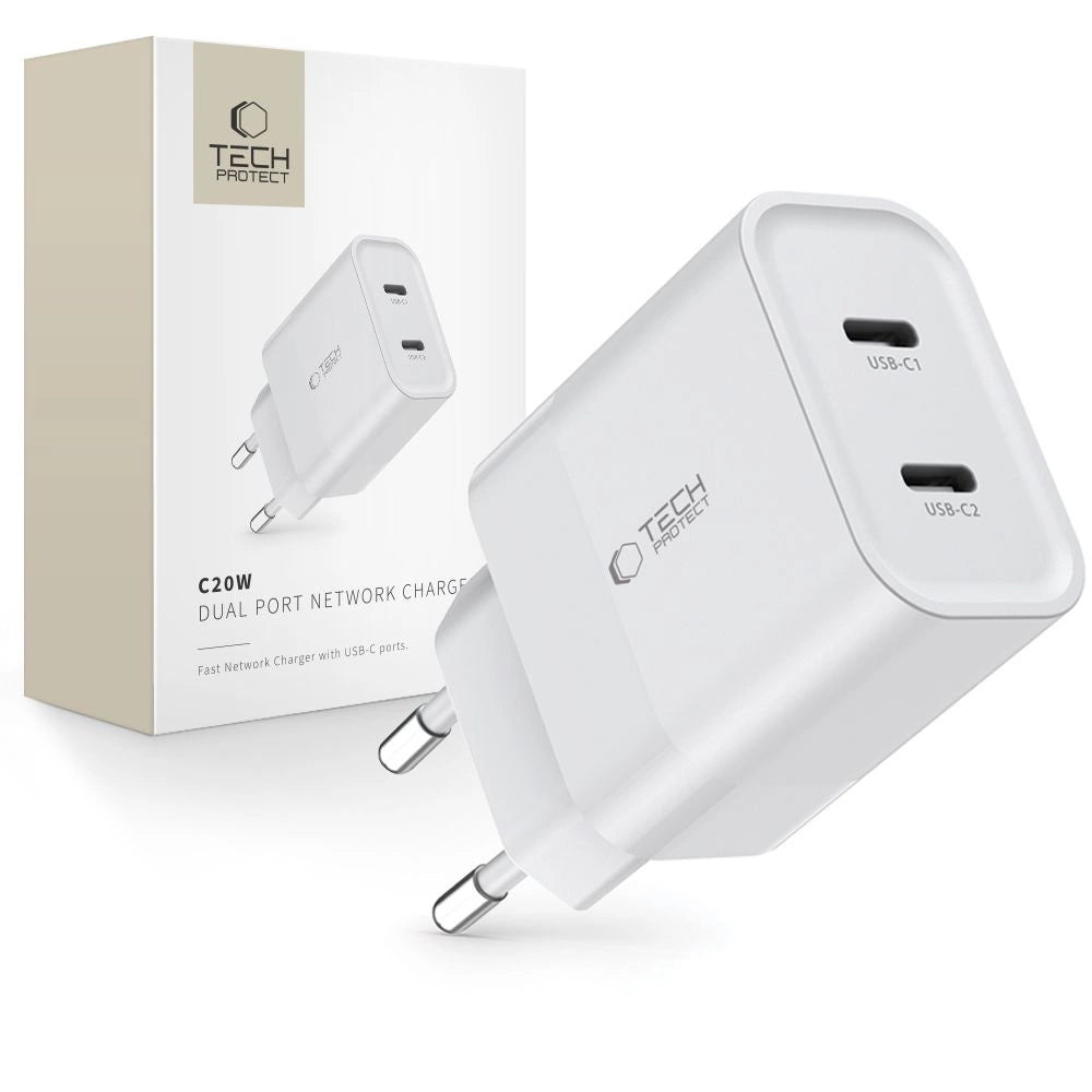 Tech-Protect C20W oplader 2x USB-C PD 20W - hvid