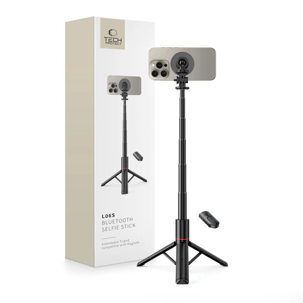 Tech-Protect L06S Bluetooth magnetisk selfie stick med MagSafe, fjernbetjening, stativ op til 82cm og 360 hoved - sort