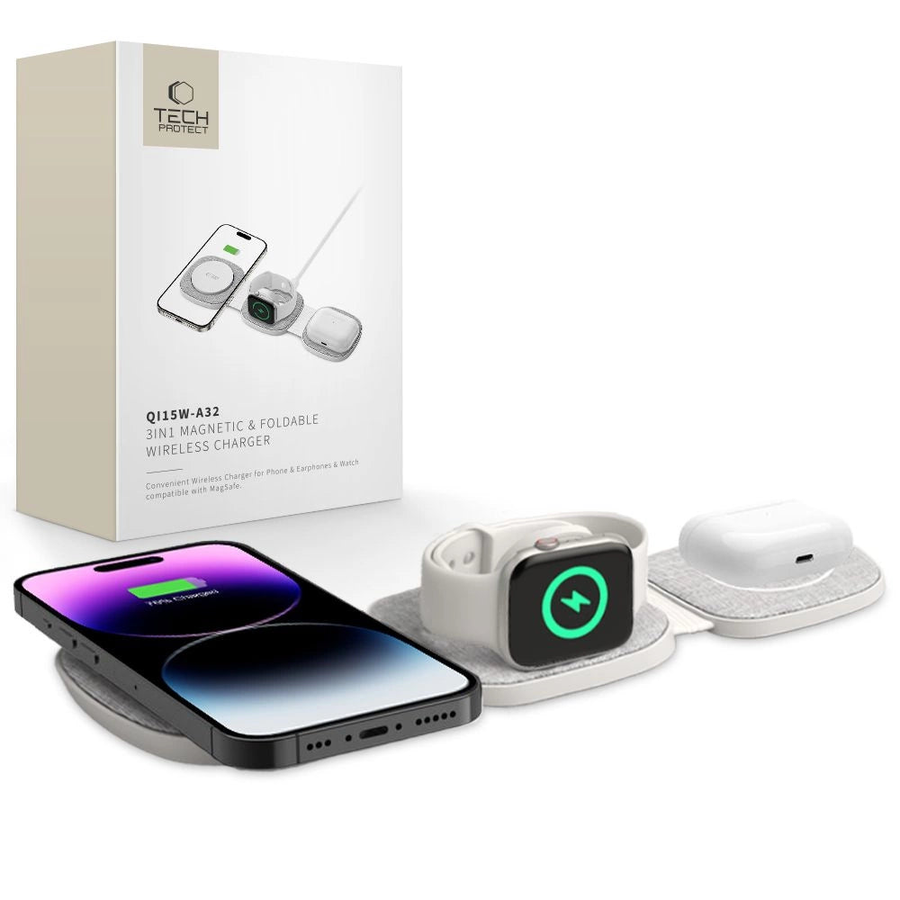 Tech-Protect QI15W-A32 3-i-1-induktiv oplader med MagSafe til smartphone / Apple Watch / AirPods - Grå