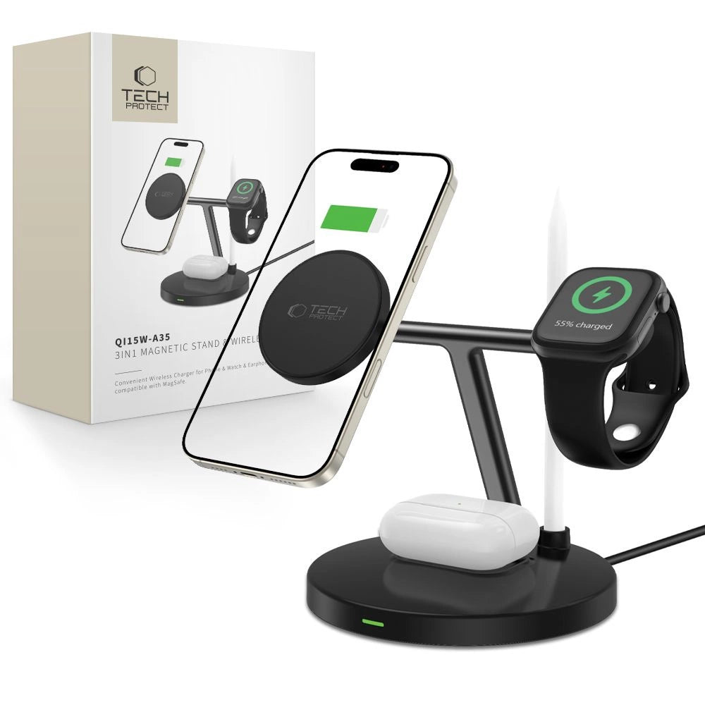 Tech-Protect QI15W-A35 3-i-1-induktiv oplader med MagSafe til telefon / AirPods / Apple Watch - sort