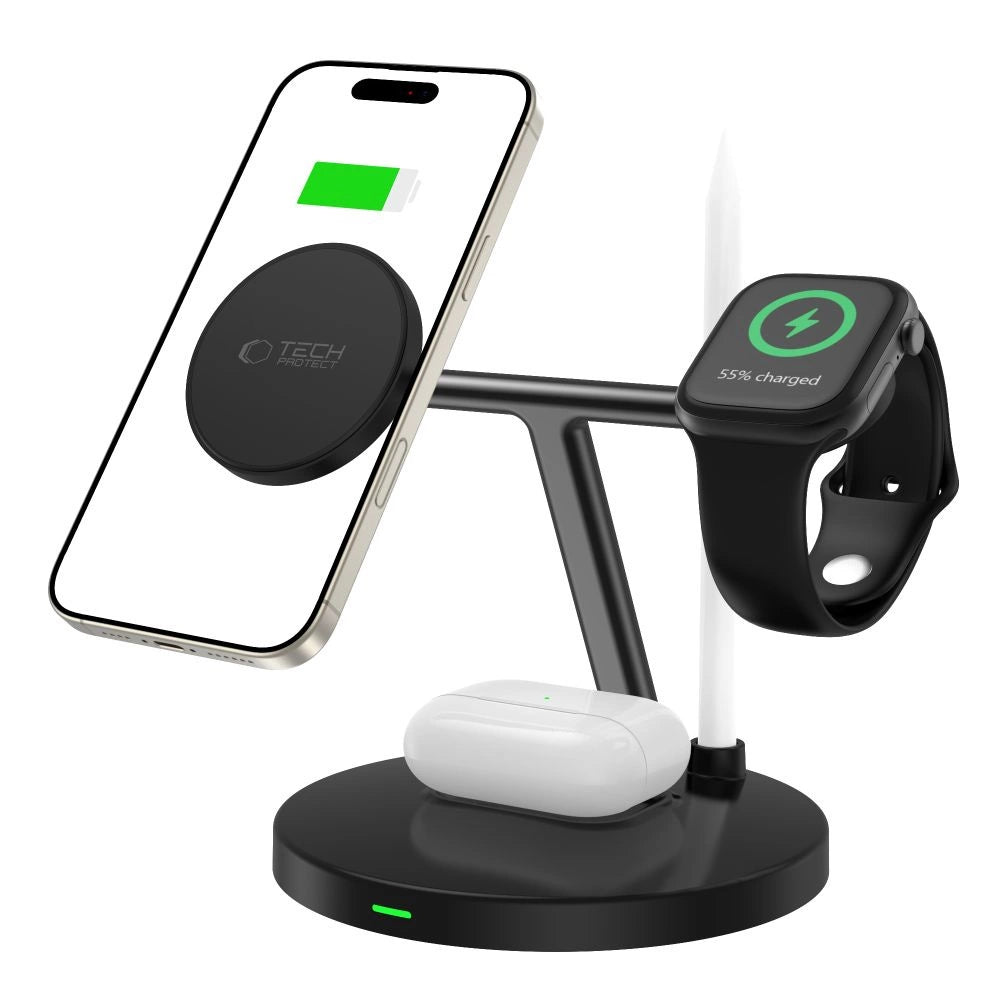 Tech-Protect QI15W-A35 3-i-1-induktiv oplader med MagSafe til telefon / AirPods / Apple Watch - sort