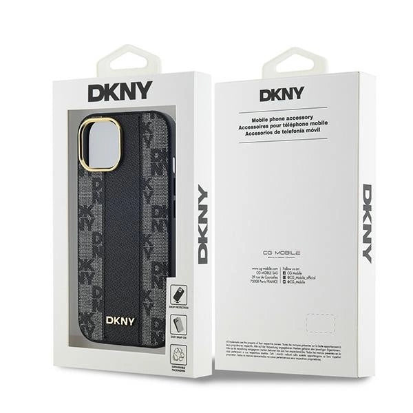 DKNY Leather Checkered Mono Pattern MagSafe Case for iPhone 15 Plus / 14 Plus - Black