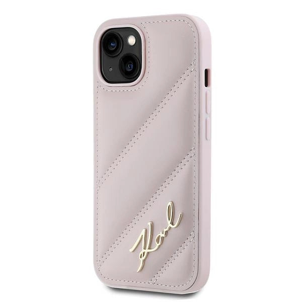Karl Lagerfeld Diagonal Quilted Script Case til iPhone 14 / 15 / 13 - pink