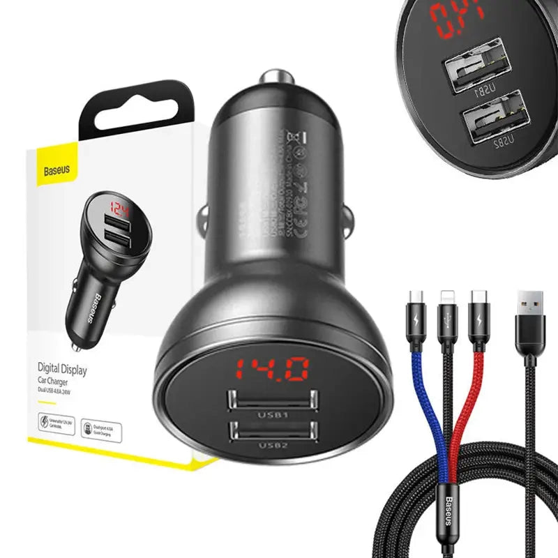 Baseus Biloplader med skærm 24W + USB-kabel 3in1 Baseus Tre Primære Farver 1,2m
