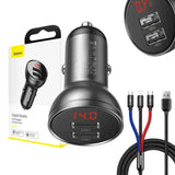 Baseus Biloplader med skærm 24W + USB-kabel 3in1 Baseus Tre Primære Farver 1,2m