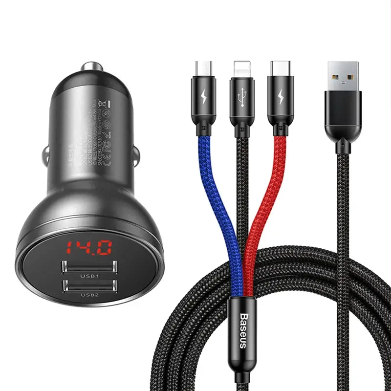 Baseus Biloplader med skærm 24W + USB-kabel 3in1 Baseus Tre Primære Farver 1,2m