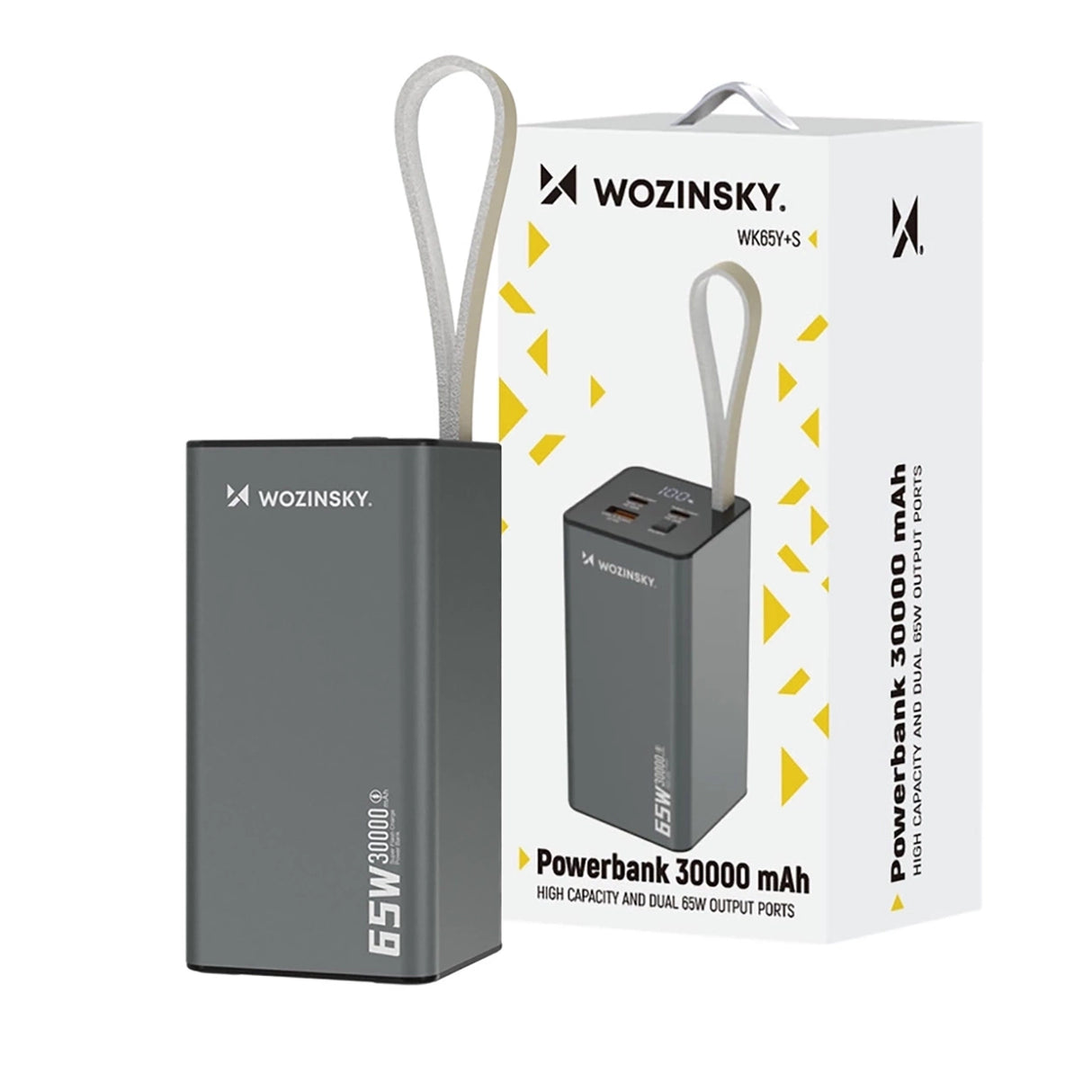 Powerbank Wozinsky K65+ 65W 30000mAh 2x USB-C, 1x USB-A 65W - grå