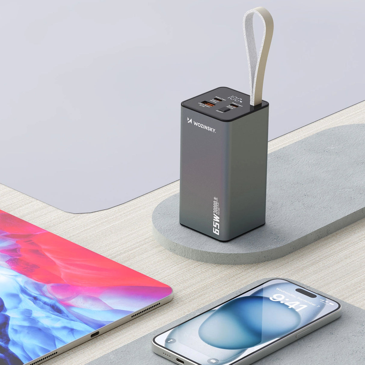 Powerbank Wozinsky K65+ 65W 30000mAh 2x USB-C, 1x USB-A 65W - grå