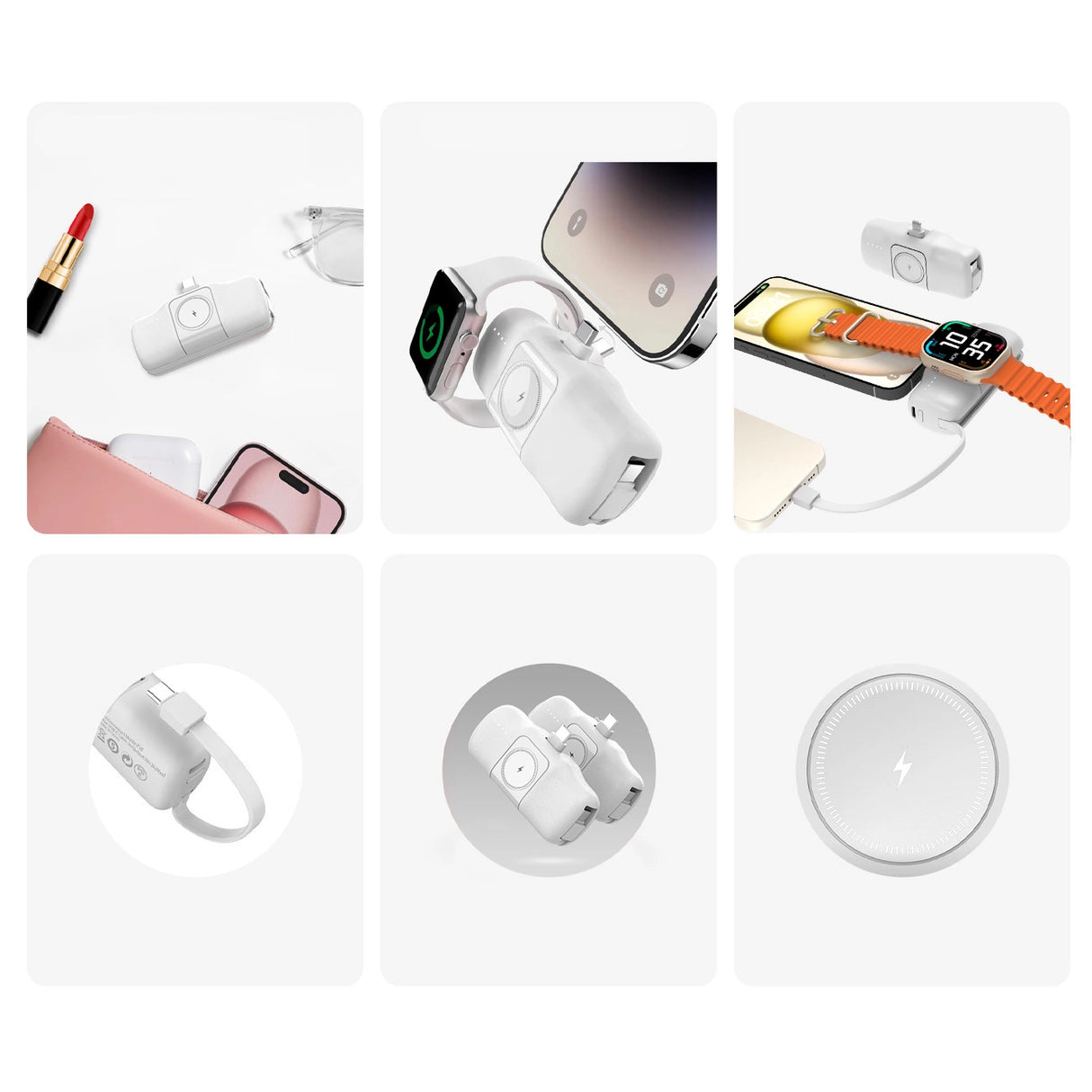 Wozinsky WF16-YCS 5000mAh 15W USB-C Mini Power Bank med indbygget USB-C-kabel og Apple Watch-oplader - hvid