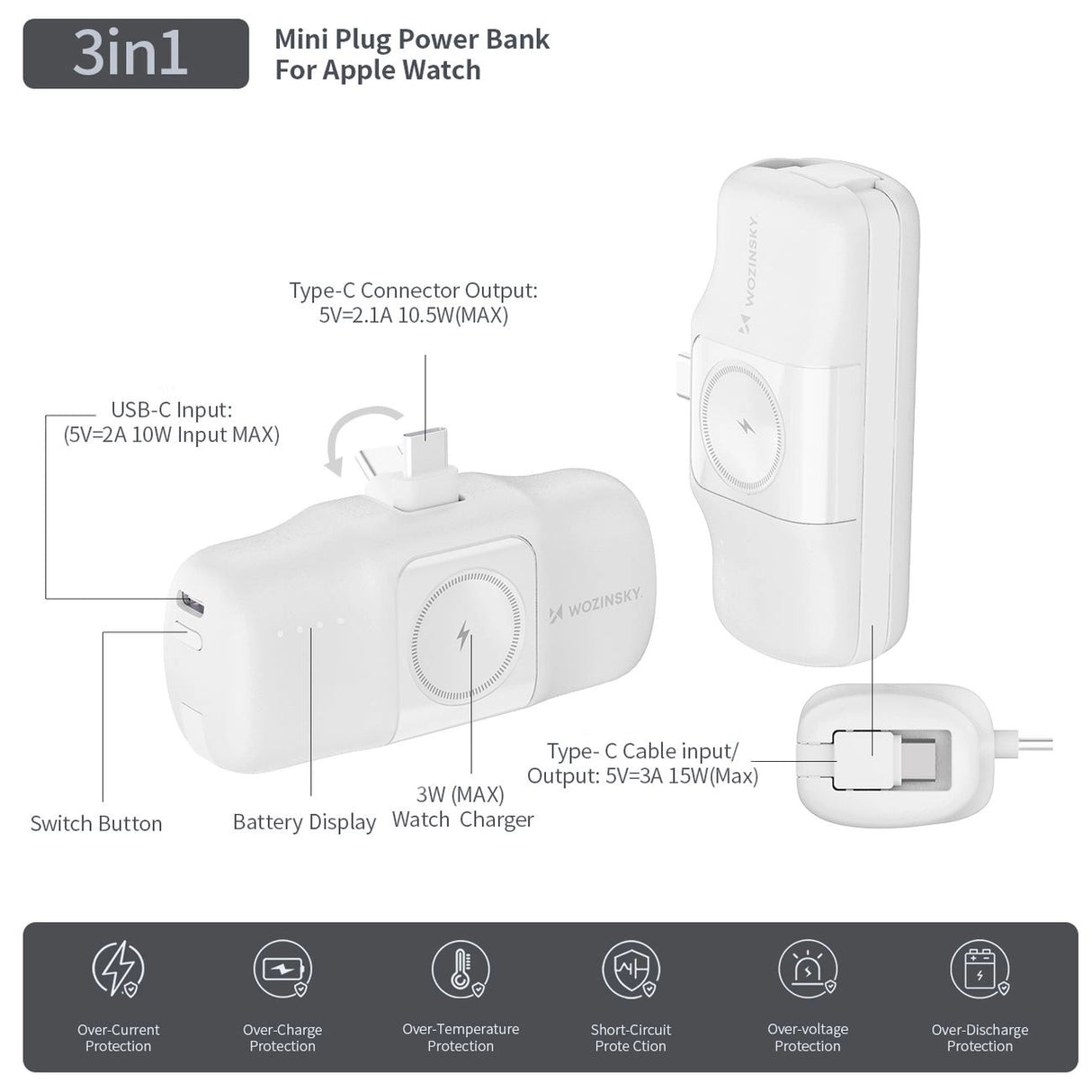 Wozinsky WF16-YCS 5000mAh 15W USB-C Mini Power Bank med indbygget USB-C-kabel og Apple Watch-oplader - hvid