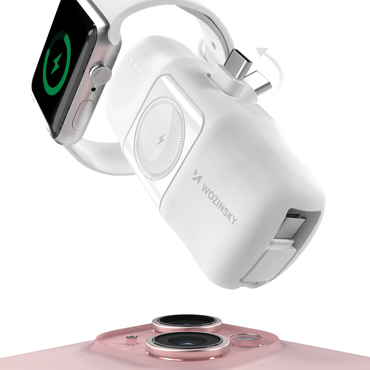 Wozinsky WF16-YCS 5000mAh 15W USB-C Mini Power Bank med indbygget USB-C-kabel og Apple Watch-oplader - hvid