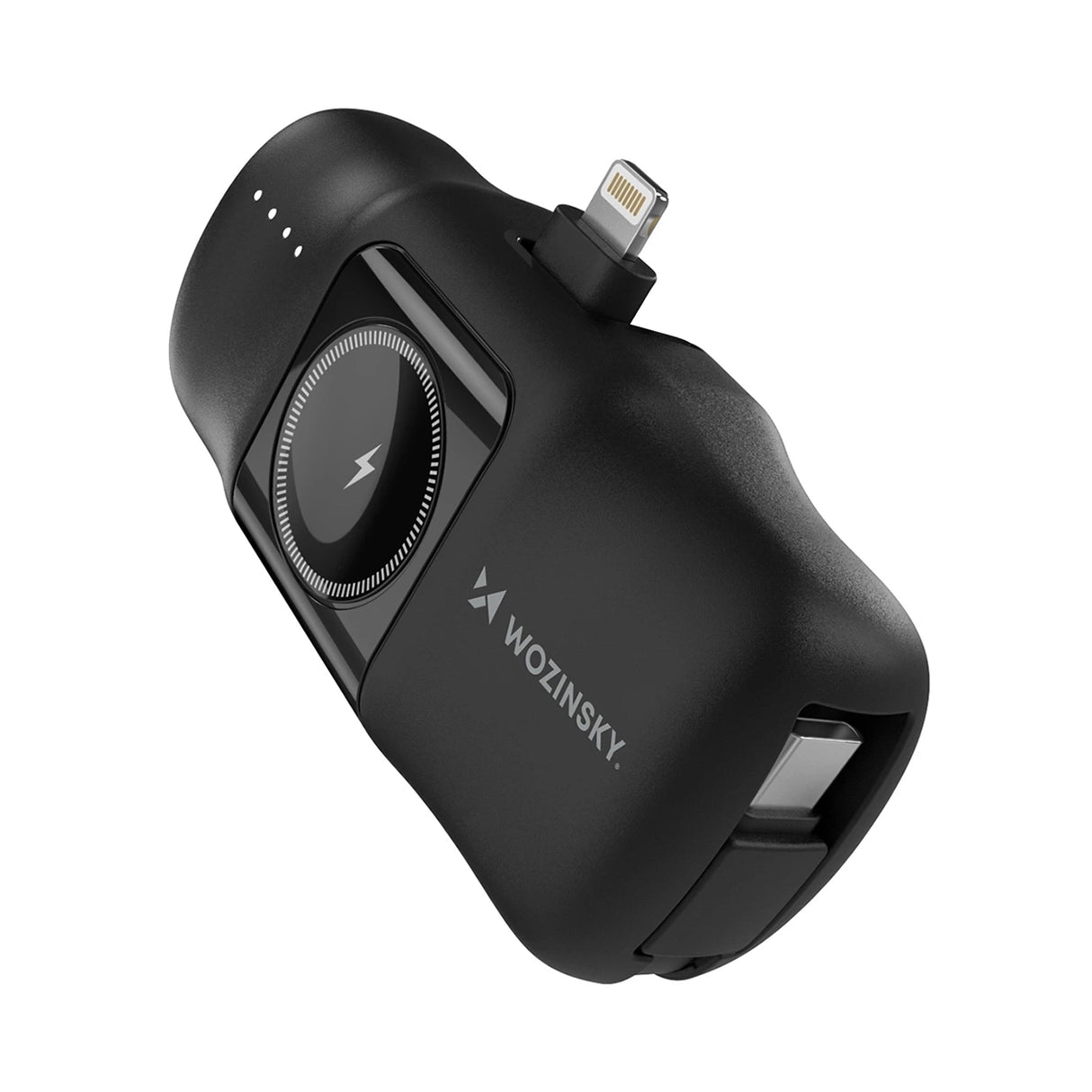 Wozinsky WF16-YLS 5000mAh 15W Lightning Mini Power Bank med indbygget USB-C-kabel og Apple Watch-oplader - sort