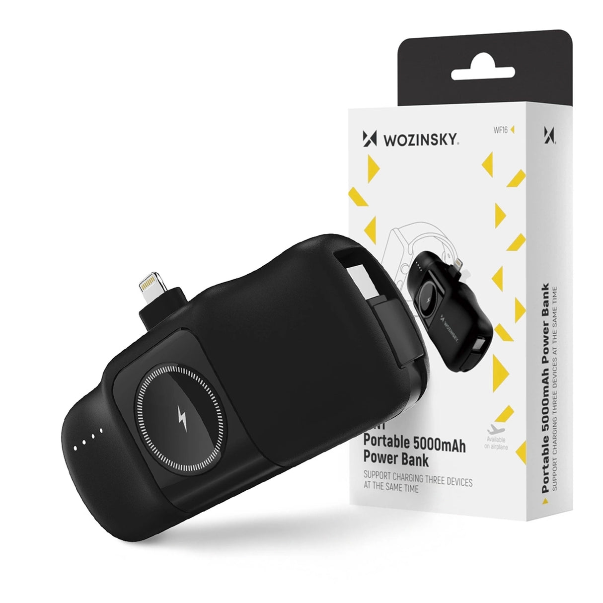 Wozinsky WF16-YLS 5000mAh 15W Lightning Mini Power Bank med indbygget USB-C-kabel og Apple Watch-oplader - sort