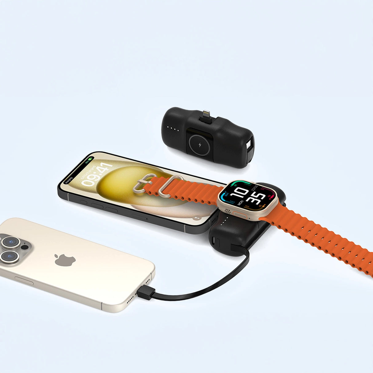 Wozinsky WF16-YLS 5000mAh 15W Lightning Mini Power Bank med indbygget USB-C-kabel og Apple Watch-oplader - sort