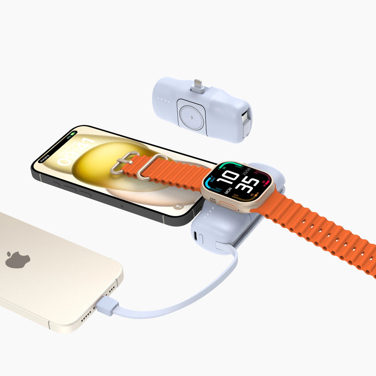 Wozinsky WF16-YLS 5000mAh 15W Lightning Mini Power Bank med indbygget USB-C-kabel og Apple Watch-oplader - Blå