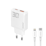 GaN Dudao A30EUL 30W USB-A / USB-C Wall Charger + USB-C - Lightning Cable - Hvid