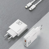 GaN Dudao A30EUL 30W USB-A / USB-C Wall Charger + USB-C - Lightning Cable - Hvid