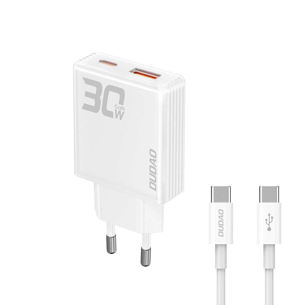 GaN Dudao A30EUT 30W USB-A / USB-C Wall Charger + USB-C - USB-C Cable - Hvid
